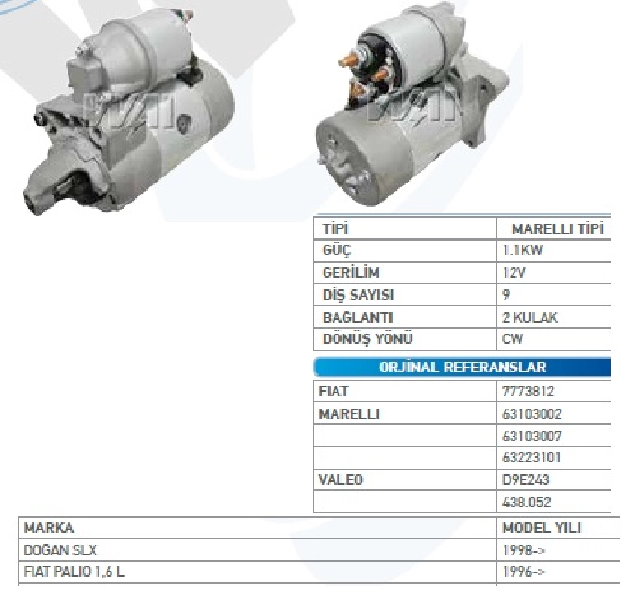 Marş Motoru 12V. 9D. 1.0 kW Mako Tipi Fiat Tempra 1.6İE 1998 ve sonrası, Doğan SLX 1998-2000, Palio 1.6 1 | OEM WUT.1107.0062