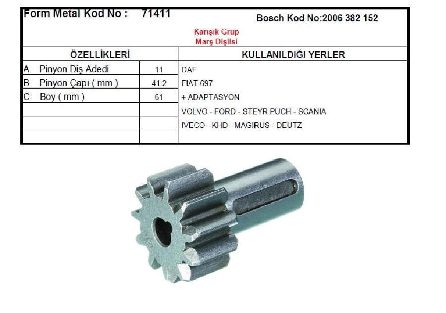 Marş Dişlisi 11D (0087) Bosch Tipi Liebherr Aifo Case Yanmar Magirus Alfkb Çelik-DAF-Iveco-Ford Carg | OEM 71411