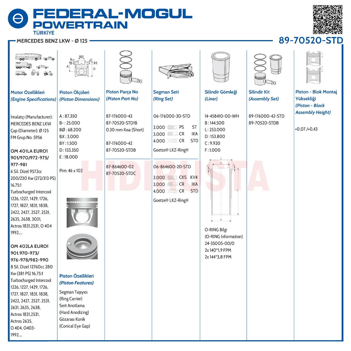 Piston Set 125.00Mm 3031, 403 Euro 1 (Lastikli) (Std) | OEM A4020300437