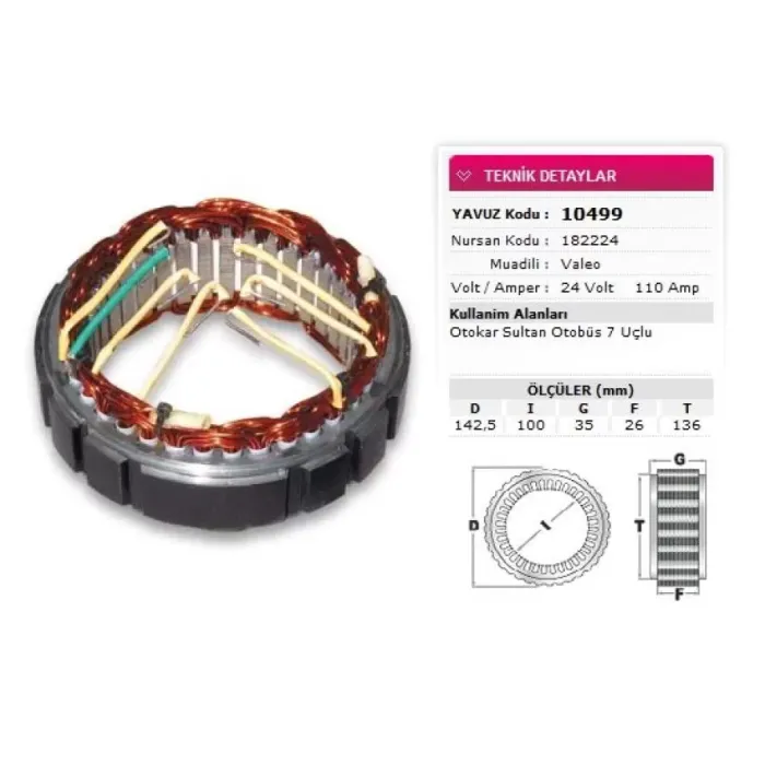 Stator Valeo Tip 24V 110A Otokar Sultan Otobüs 7 Uclu Nursan 182224 | YAVUZ 10 499 | OEM 10 499