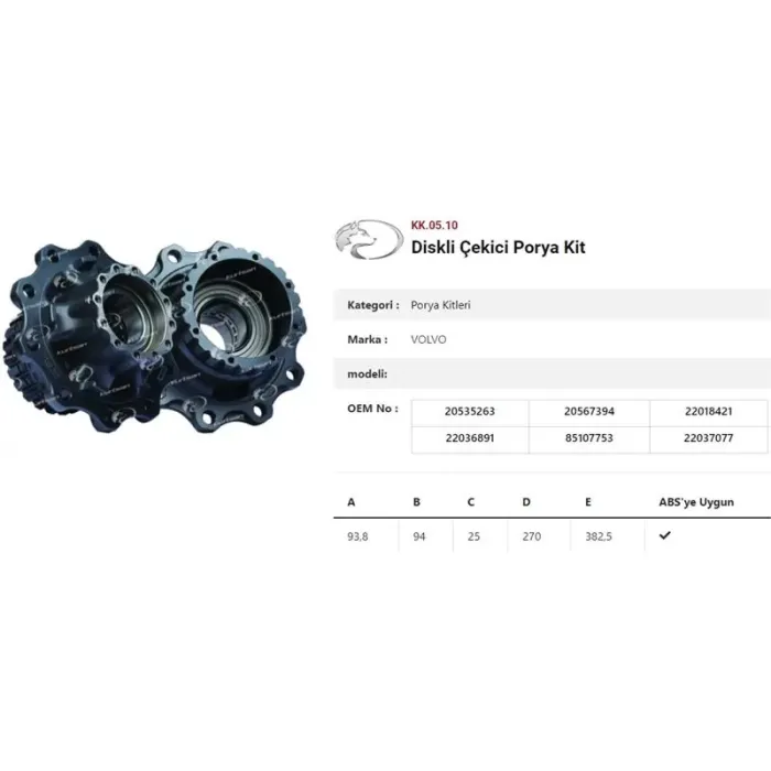 Dingil Poryasi Arka Teker Diskli Renault C-D-T Seri 13> / Volvo Fh-Fm-Fhii-Fmii | KURTSAN KK.05.10 | OEM 20535263-85107753-22037077
