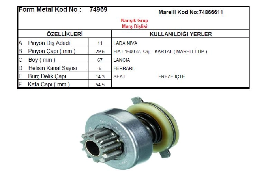 Marş Dişlisi 11D-6K - Marelli Tipi Lada Nıva 2104-2121, Fiat 124-125-131-132 | OEM 74969