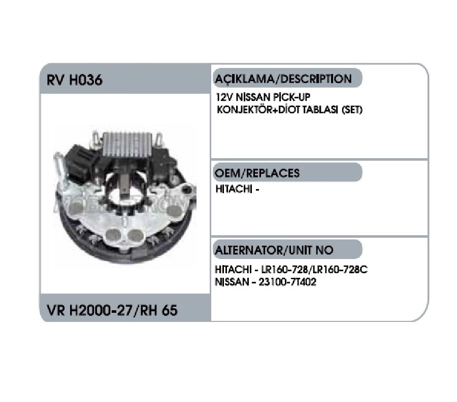 Konjektör + Diyot Tablası Set 12V Hitachi Tipi Nissan Navara, Skystar, Infınıty, Ceyran Civatası 8mm | OEM RVH036