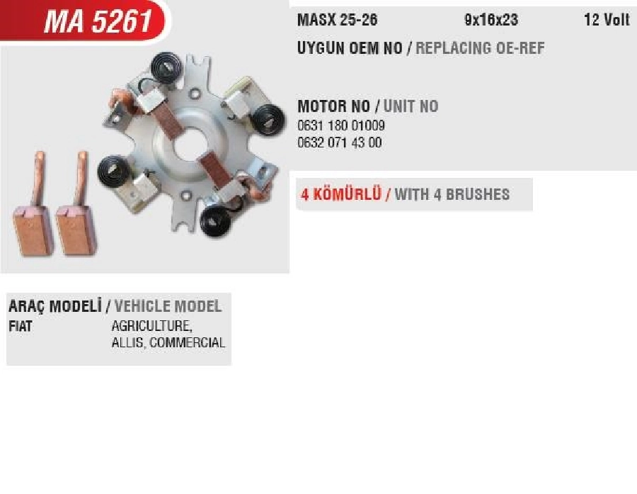 Marş Kömür Yuvası 12V Kb Tip -, Mf, J9, Fiat 55.46, 55.65, 55.66, 55.90 Traktör (Uygun Kömür: MASX25, 26) | OEM MA5261