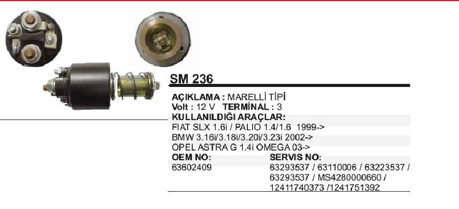 Marş Otom. 12V Marelli Tipi SLX, Palio, BMW, Astra 2001 ve sonrası 409, 4 Terminal | OEM SM236