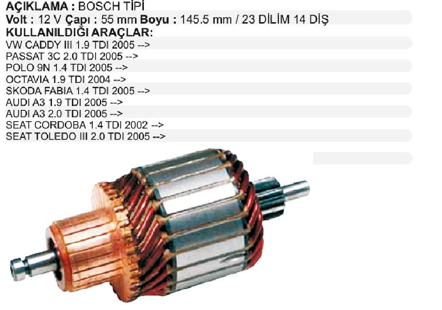 Marş Kollektörü 12V Bosch Tipi VW Caddy, Passat Polo Skoda Octavia Fabia Audi Toledo Cordoba 23 Dilim 14 | OEM IM2140