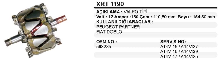 Rotor 12V 150A Rotor Peugeot-Citroen, Renault Clio Yeni Model BOY:155,50, CAP:110 (Valeo) | OEM XRT1190