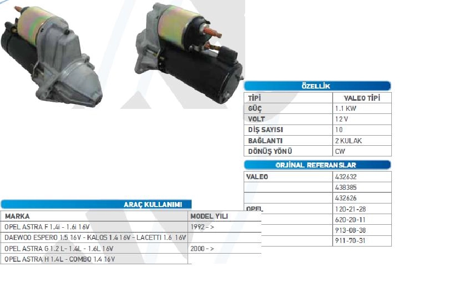 Marş Motoru 12V 1,1KW 10D Valeo Tipi Opel Meriva, Cadett, Combo, Corsa B-C, Astra F-G-Ti W STR30899 | OEM WUT.1107.0169