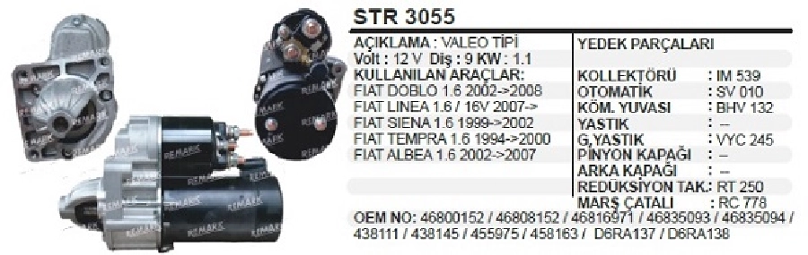 Marş Motoru D6R Doblo, Linea, Siena, Tempra, Albea, SLX (Şanzımanlı) | OEM STR3055