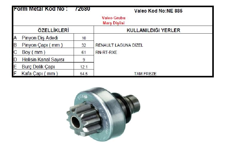 Marş Dişlisi 10D Valeo Tipi (1162) Renault Laguna Dizel, Rn, Rt, Rxe-Hyundai Starex | OEM 72680