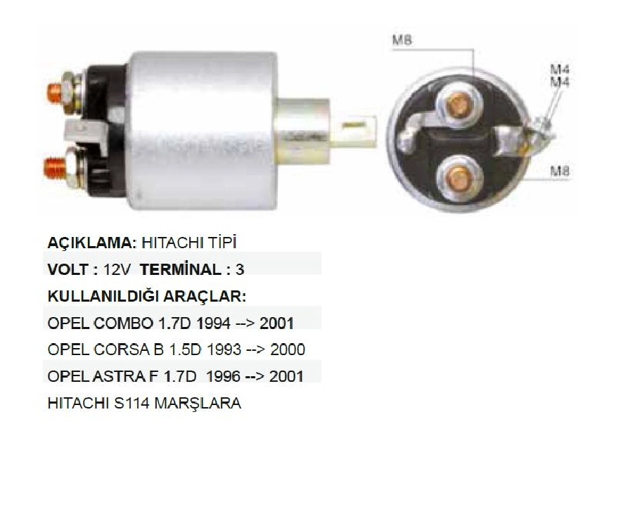 Marş Otom. Hitachi Tip 12V Opel Combo, Corsa, Astra Diesel 1.7 (Eğri Fiş) | OEM SH018