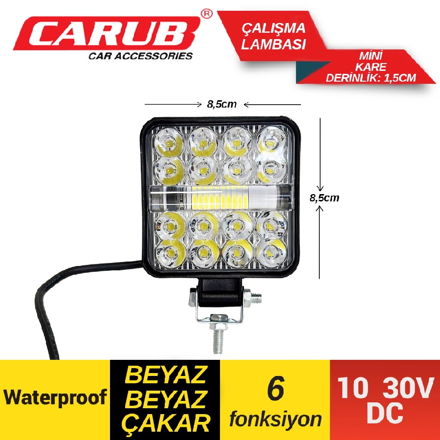 Çalışma Lambası 16 LED Mini 10-30V Beyaz Çakarlı 6 Fonksiyonlu 8,5X8,5cm | OEM BR3010593