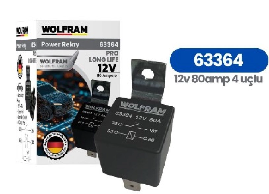 Röle Çift Platinli Siyah 4 Uçlu Pro Marş Güç 12V 80A | OEM 63364