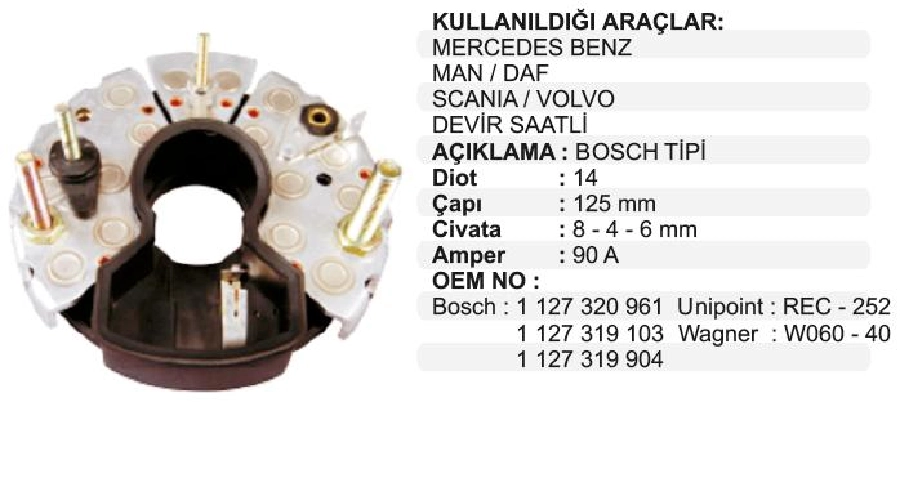 Diyot Tablası Bosch Tip 120mm - Scania, Volvo, Iveco, Caterpillar İş Makinası, Mercedes Benz, MAN, Khd (1 | OEM VBR0341