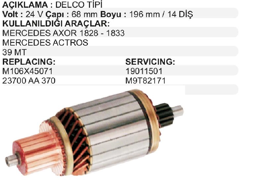 Marş Kollektörü Delco Tip 24V 39 Mt MAN Mercedes 1840 1835 Axor Actros Tır 21 Dilim 14 Diş Çap 68 2000 Uzun | OEM IM3116