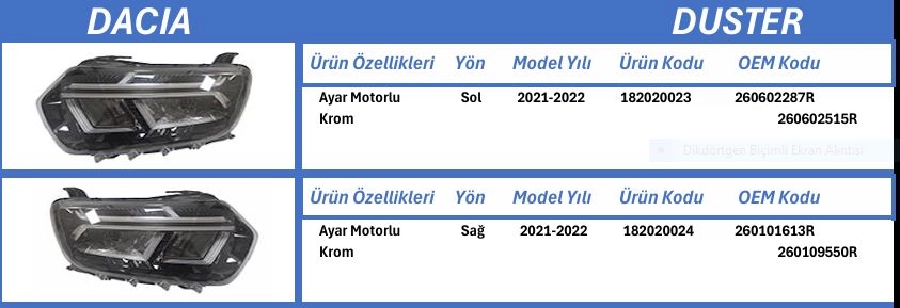 Duster, 2021-2022, Krom, Ayar Motorlu, Sol Far E Belgeli 260602287R 260602515R | OEM 182020023