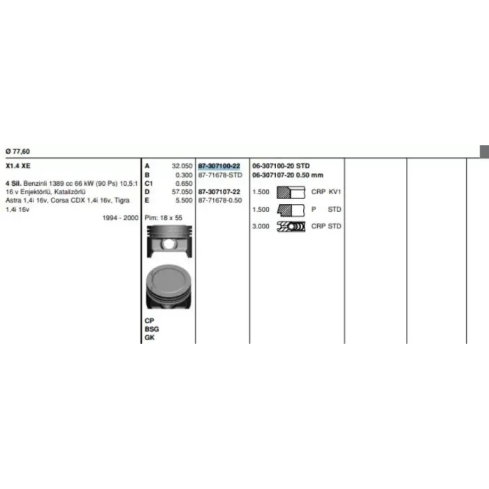 Piston Segman X14XE Corsa B Astra G (77,60MM) Std | GOETZE 8771678STD000G | OEM 623471 90470208