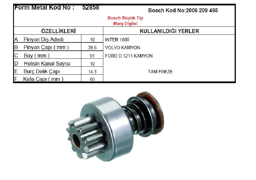 Marş Dişlisi Bosch Tip Uzun 10D - DAF, Scania, Volvo, D1211 İnter 1800 | OEM 52858