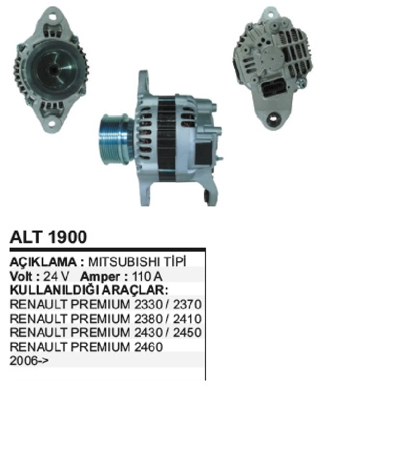 Alternatör 24V 110A Mitsubishi. Tipi New Holland Klimalı - John Deere 2003 Reno-Volvo Tır FH400, FH500 Serisi R | OEM ALT1900