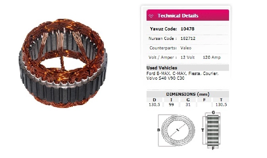 Statör Valeo Tip 12V 120A - Ford Courier-B-Max-C-Max-Vovo S40-V50-C30 | OEM 182712