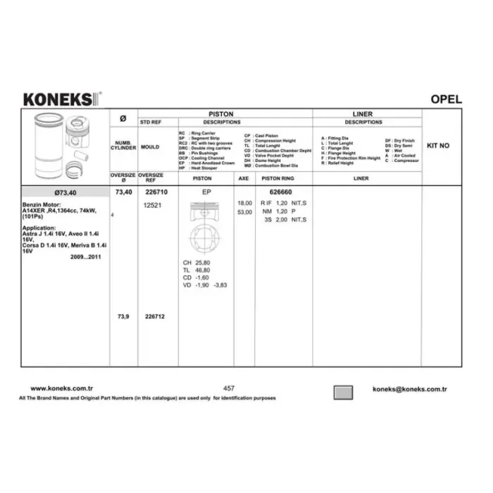 Piston+Segman 73,4MM Std Corsa-Astra J 1,4 16V 101PS A14XER | KONEKS 226710 | OEM 8773452S