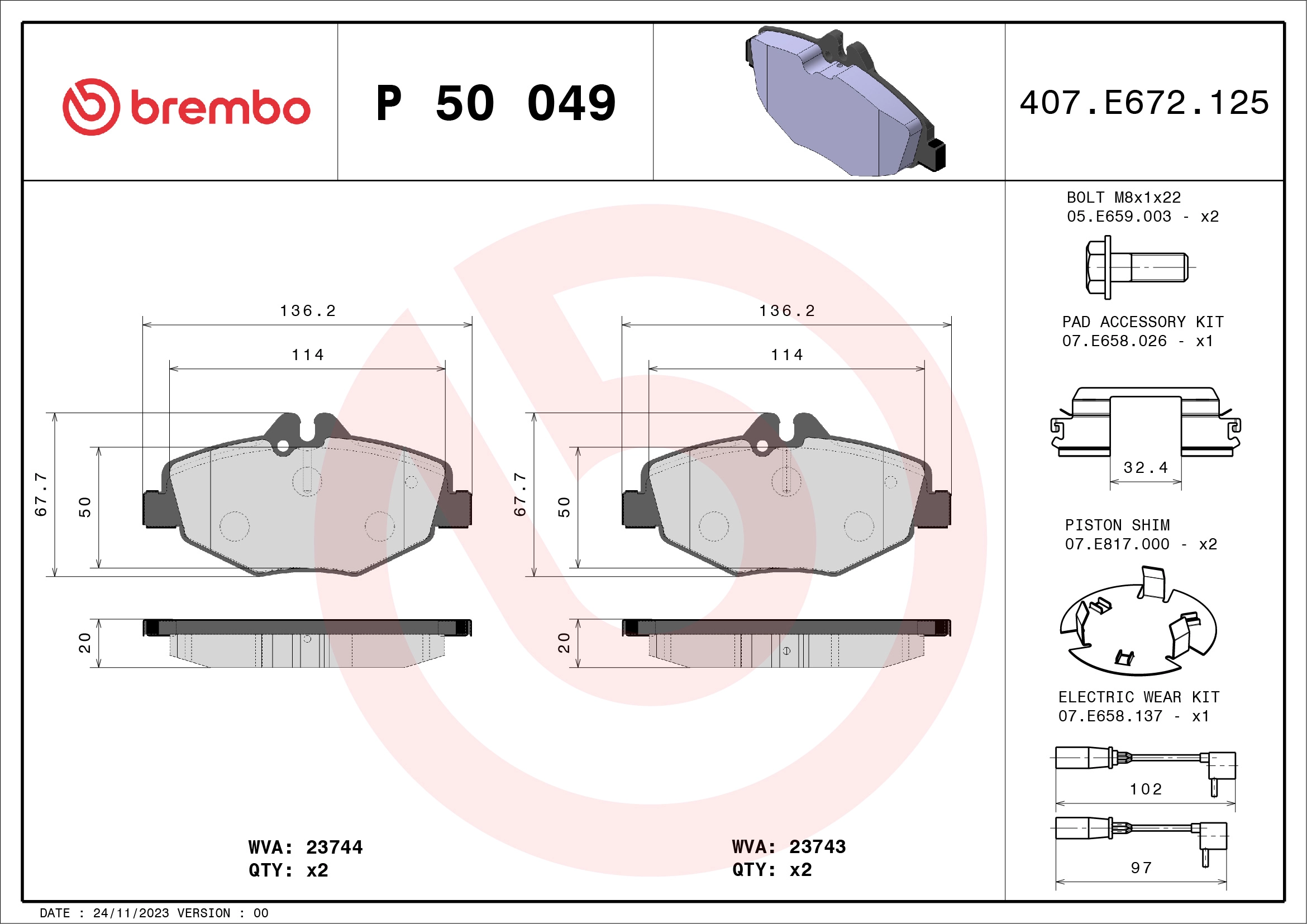 Fren Balatasi On E-Class W211 02>08 S211 03>09 | BREMBO P50049 | OEM A0034209920