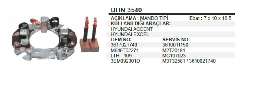 Marş Kömür Yuvası Hyundai Accent- Excel Nissan Pikap Anadolu Motor Mando Tip 3 Kömürlü | OEM BHN3540