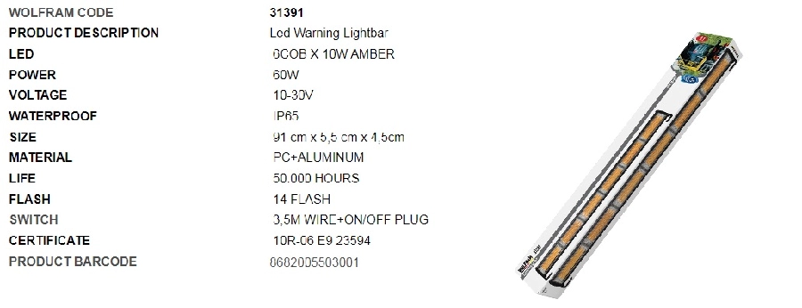 Neon LED İkaz Işığı 14 Fonksiyon E Belgeli 91CM 12, 24V 60W E9 ( 6 COB 10W Amber ) | OEM 31391