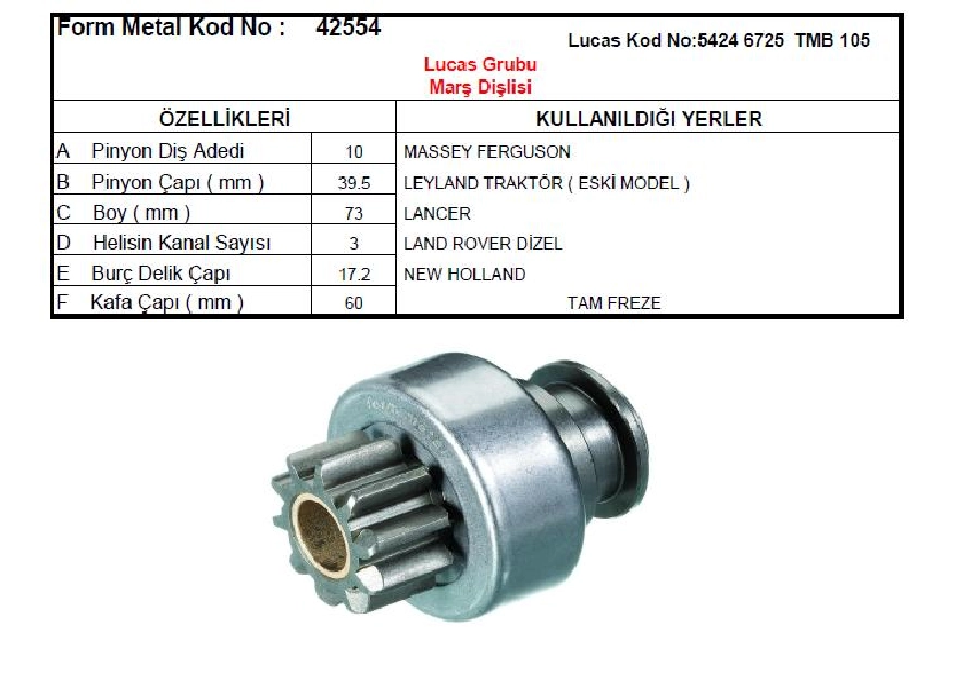 Marş Dişlisi 10D 3 Kanal Kalın Yatık Freze Lucas Tipi Mf-Leyland 154 Land Rover Kalın Freze | OEM 42554