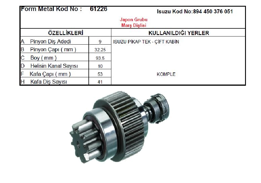 Marş Dişlisi 9 Diş, Hitachi Tipi Cw Isuzu Pıckup, Tek Kabin, Çift Kabin | OEM 61226