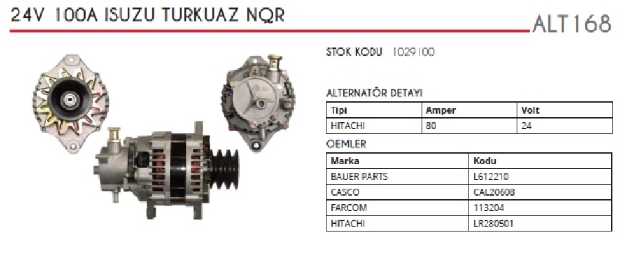 Alternatör 24V 100A Hitachi Tipi Isuzu Turkuaz Otobüs Klimalı, Isuzu Nkr-Nqr Kamyon Vakumlu V 3 Lü Kasnak | OEM ALT168
