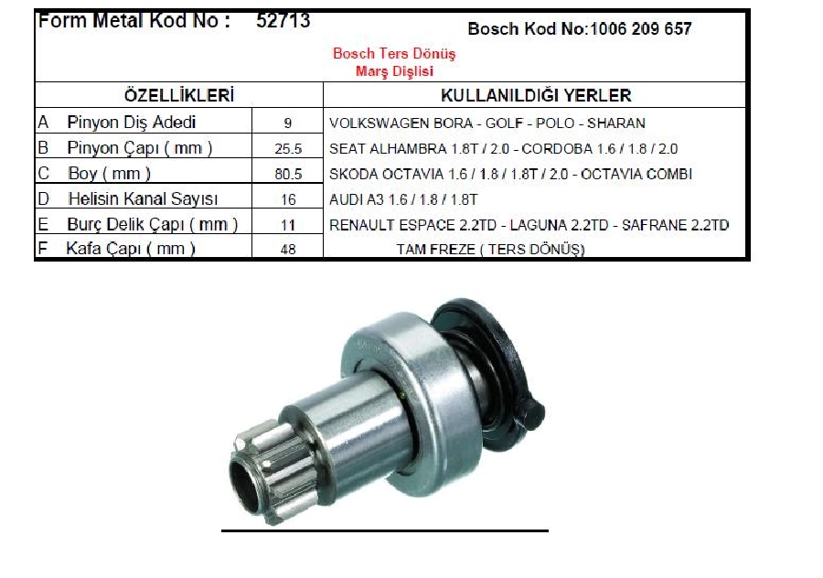 Marş Dişlisi 9D Bosch Tipi - VW Golf-Audi A3-Skoda Octavia-Renault Laguna-Safrane CCW Ters Dönüş | OEM 52713