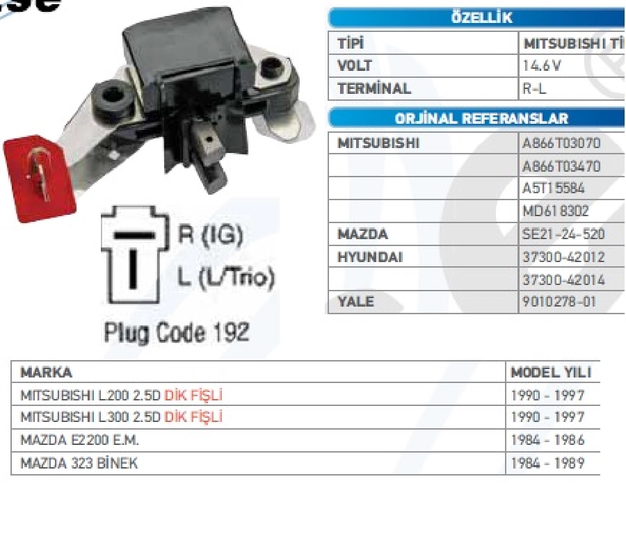 Konjektör Mitsubishi Tip 14.7V Mitsubishi L-300 Eski Model-Mazda E 2200, 323 (1984-1989) Dik Fişli | OEM TRS.YR.IM205