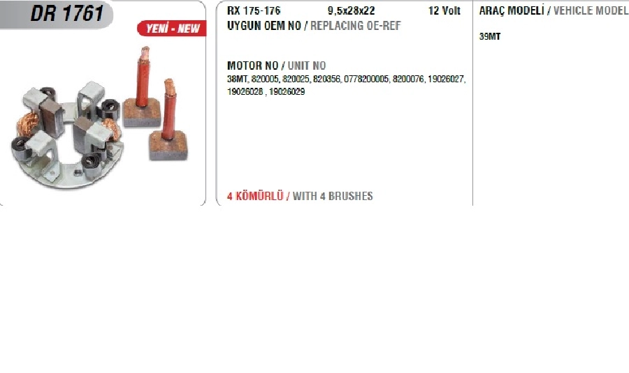Marş Kömür Yuvası 12V 39MT (Uygun Kömür: RX175, 176) | OEM DR1761