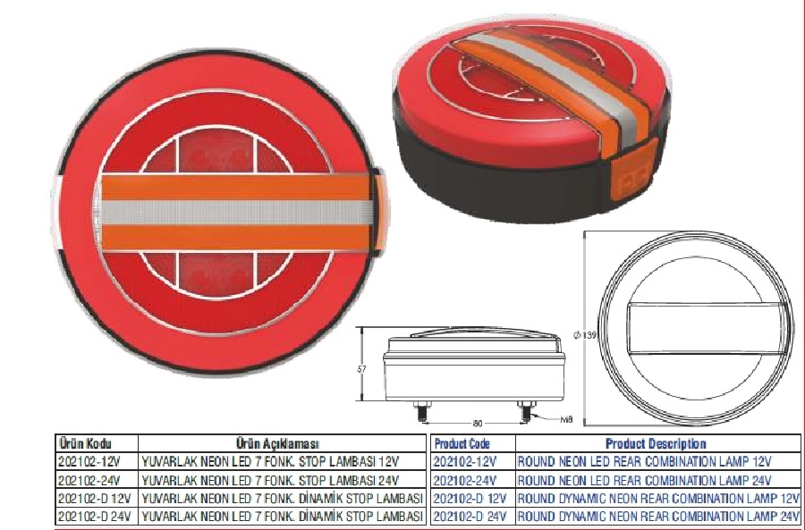 Yuvarlak Neon LED 7 Fonksiyonlu Düz Sinyalli Hamburger Stop Lambası 12V | OEM 202102-12V