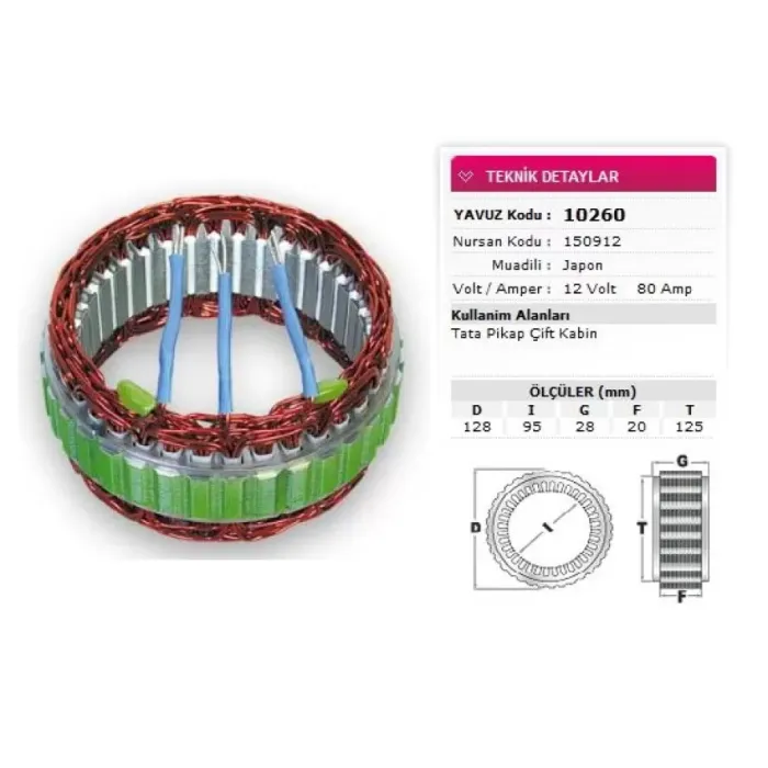 Stator Mitsubishi Tip 12V 80A Tata Pikap Çift Kabin Nursan 150912 | YAVUZ 10 260