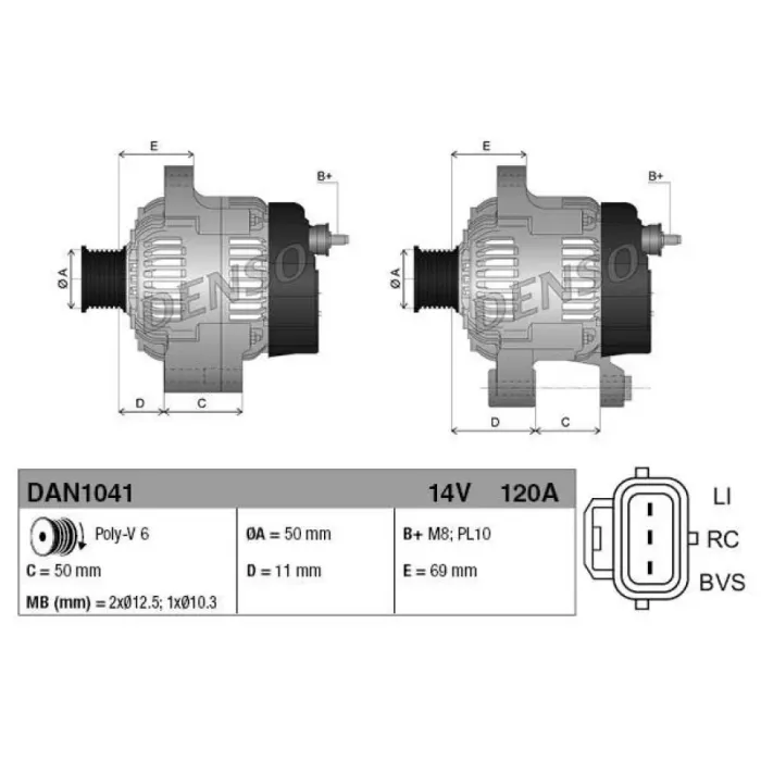 Alternator (120A) 12V Focus 2 04>11 C Max 03>07 1,4 Duratech 16V / 1,6 Zetec S 16V | DENSO DAN1041 | OEM 3M5T-10300-KC