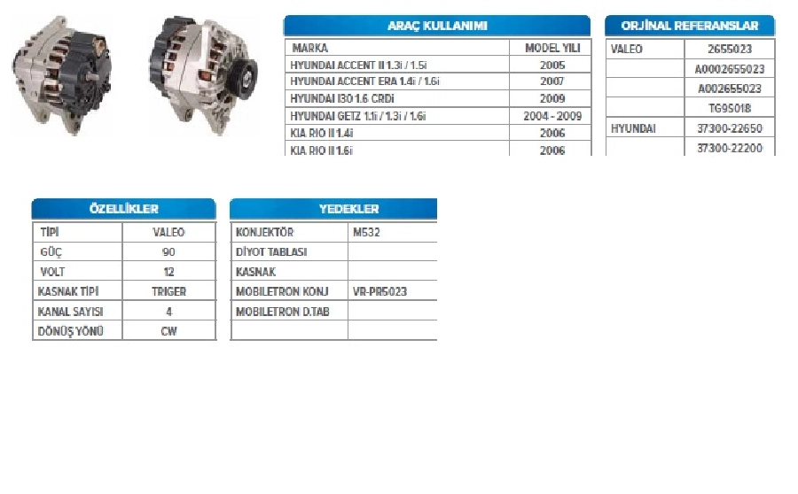 Alternatör 12V 90A Mando Tipi Hyundai Accent Era 1.4L-1.6L 2007 ve sonrası, Accent 2 1.3L-1.5L Benzinli 2005 ve sonrası | OEM WUT.1101.0071
