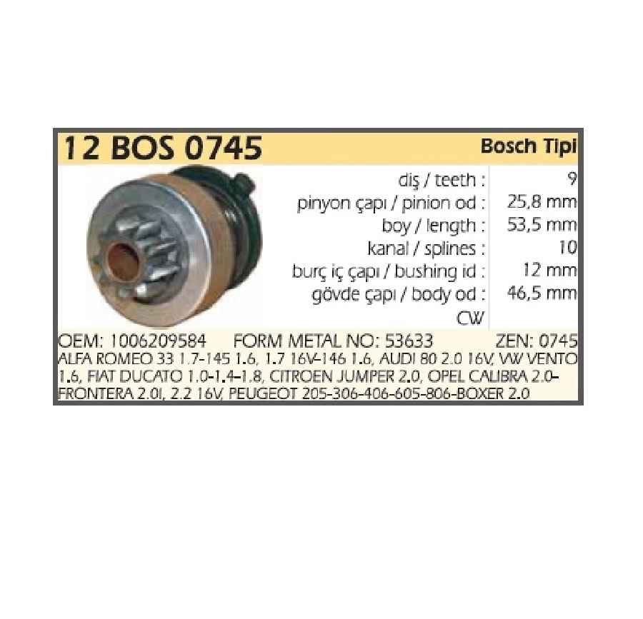 Marş Dişlisi Bosch Tip 9 Diş Alfa Romeo-Fiat Ducato-VW Opel Vectra Omega Audi Citroen Peugeot 306-4 | OEM 12BOS0745