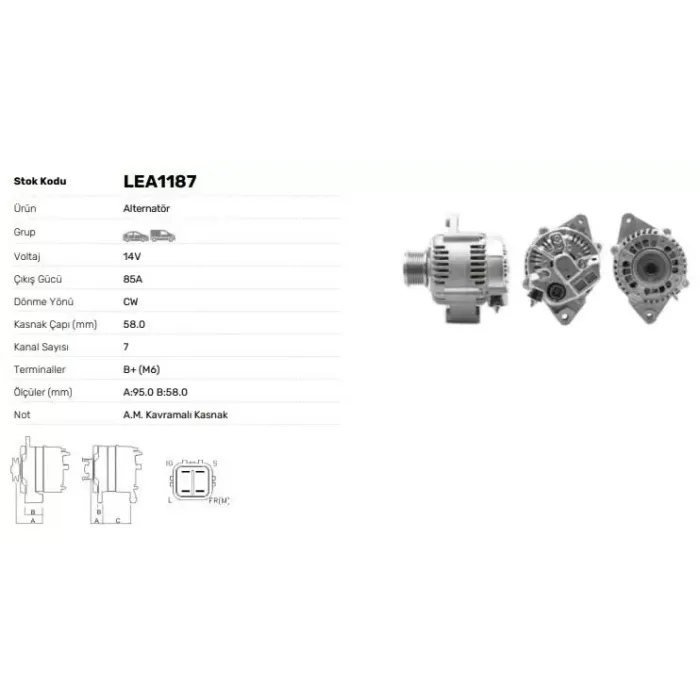 Alternator 12V 85A Toyota Corolla Hilux Hiace Land Cruiser (Denso Tipi) | LUCAS LEA1187 | OEM 27060-30010