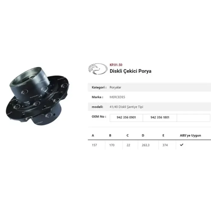 Dingil Poryasi Arka Teker Cerli Diskli Santiye Tipi Mercedes Actros 3240-4140 | KURTSAN KP.01.50 | OEM 9423560901-9423561801