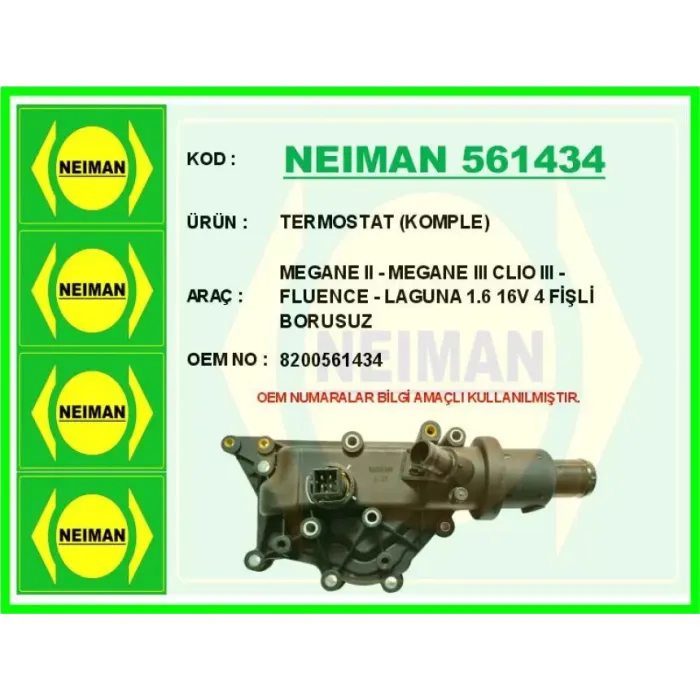 Termostat 89°C Clio 3 05>12 Megane 2 02>08 Megane 3 08>15 Scenic 2 05>08 Fluence 09>15 1.4 16V 1.6 16V | NEIMAN 561434 | OEM 8200561434 8200158269 8200700092