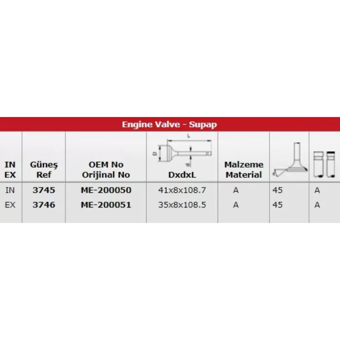 Supap EMME/EGZOZ Takim (8V) Mitsubishi 4M40 Fuso Canter FE511 FE711 Pajero | GUNES 3745-3746 | OEM ME200050 ME200050 ME200051 ME202687 ME202688 ME200051 ME202687 ME202688
