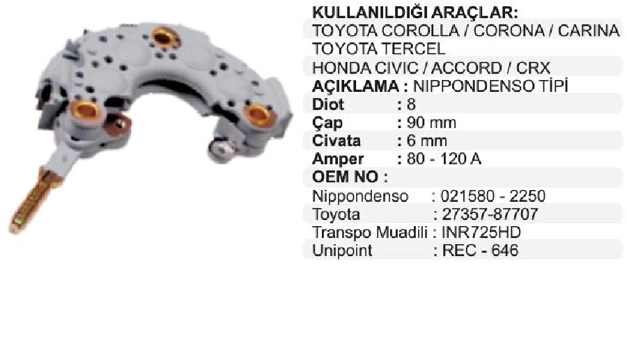 Diyot Tablası Nippon Denso Tip 90mm Honda Civic 1.3-1.5 (87)-ROVER 213 (90)-Toyota Corolla-Corona-Te | OEM VNR0725
