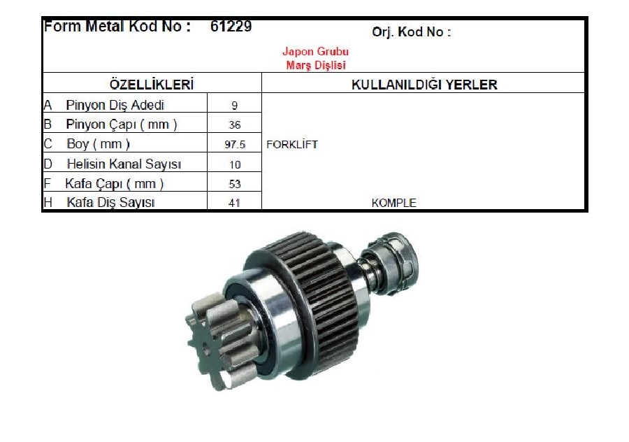 Marş Dişlisi Komatsu Forklift-12 Yanmar Motor | OEM 61229