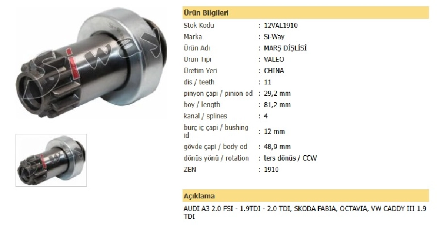 Marş Dişlisi ZEN1910, 11DİŞ, CCW Audi A3 2.0 FSI - 1.9TDI, S. Fabia, Octavia, VW Caddy 3 1.9 Td | OEM 12VAL1910