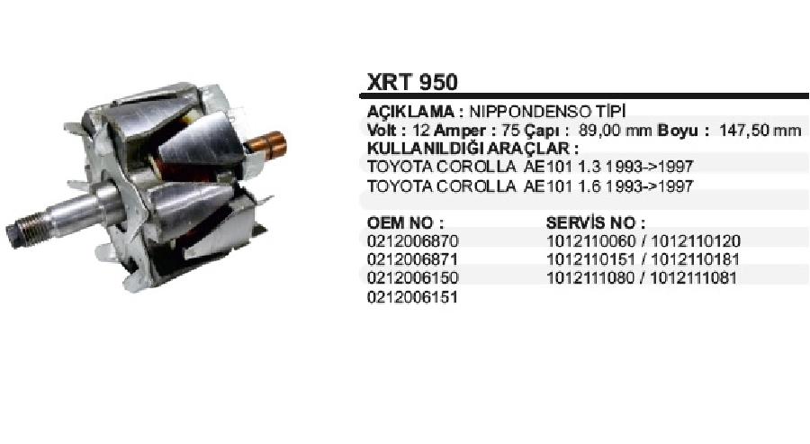 Rotor N Denso 12V 75ACOROLLA AE101 1,3, 1,6 ÇAP:89mm BOY:147,5mm | OEM XRT950