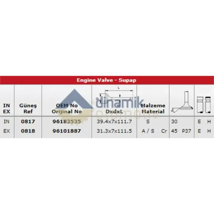 Subap Takim Emme / Egsoz P106 P206 P306 Ax Zx Saxo Xsara (3 Tirnak) Olcu: (39,4*7*111,7) / (31,3*7*111,5) / (30 Derece / 45 Derece) TU5JP (1,6 8V) | GUNES 0817-0818 | OEM 96183535 96183535 96101887 96101887