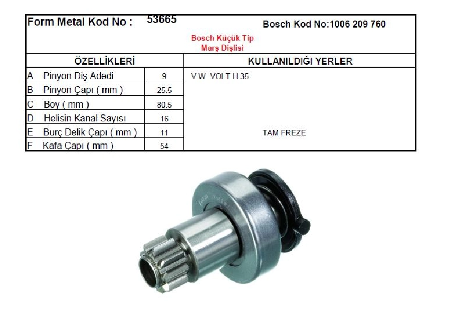 Marş Dişlisi 9 Diş Bosch Tipi Cw Volkswagen Lt 28SDI, Lt 35 Sdı, Lt 46 Sdı, V. Volt H35 | OEM 53665