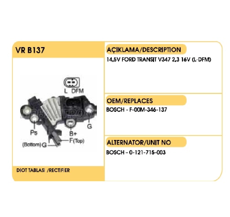 Konjektör Bosch 12V Ford Transit V347 2.2 TDCI-3.2 TDCI, Citroen Jumper 2.2 HDI 120, Land Rover Defend | OEM VRB137